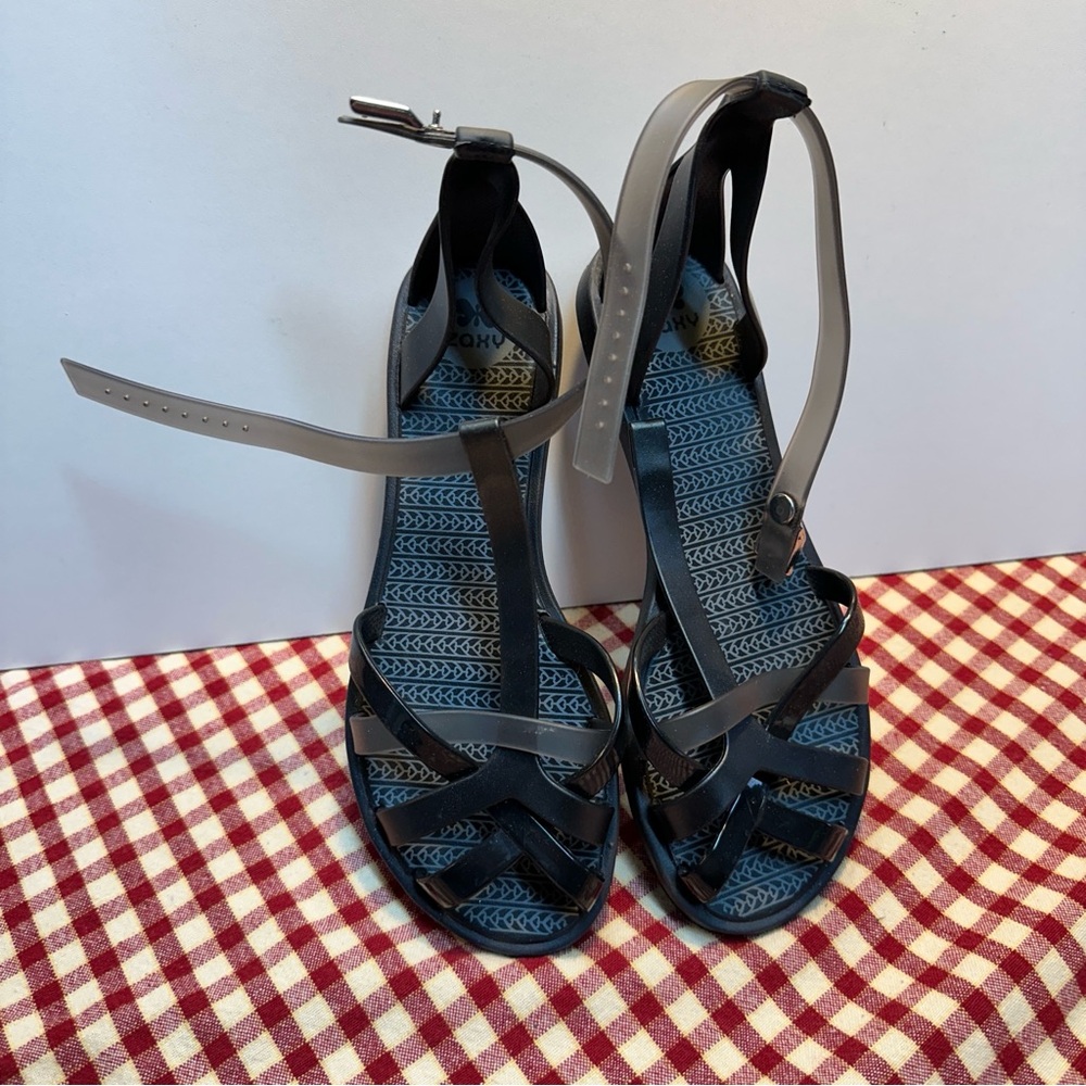 Zaxy Black Rubber T-Strap Sandals